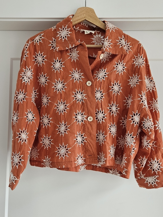 The Korner Tops - THEKorner Rust Orange Eyelet Embroidered Cropped Button Up Blouse Size S Boho